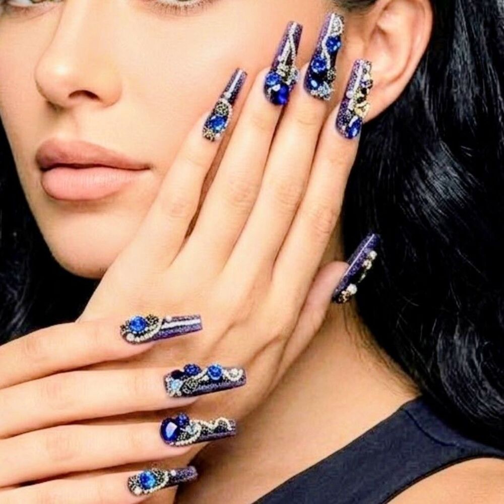 PRESS-ON NAILS Custom-Made Extra-Long Square Glitter Blue 3D Small Size NEW NIB